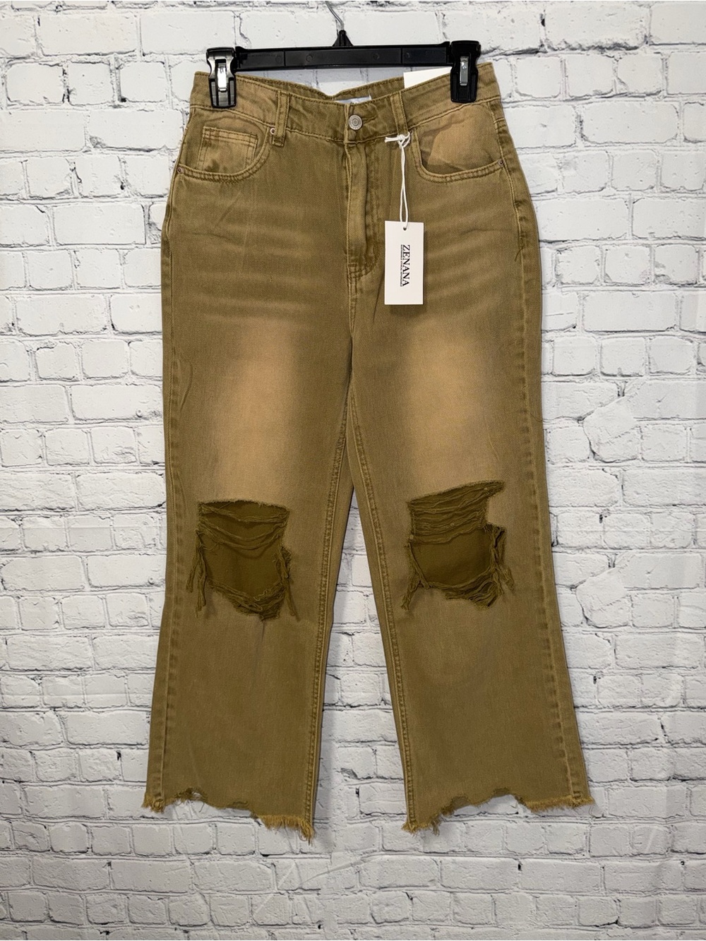 NEW Zenana Outfitters Olive Brown Distressed Cropped Jeans